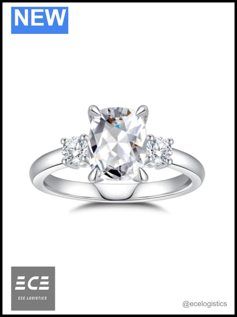 Moissanite Engagement Ring 3-Stone 18K White Gold Plated 925 Sterling Silver